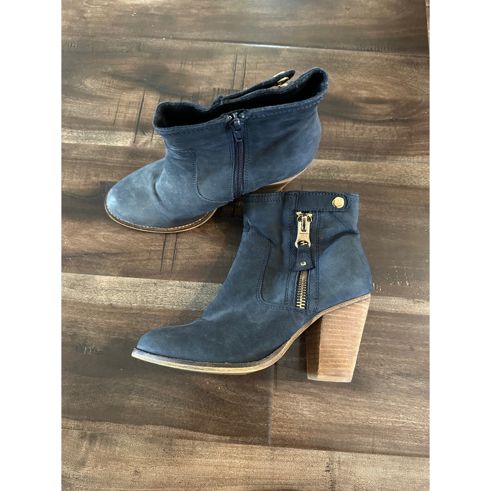 Aldo Navy Blue Nubuck Leather Ankle Boots Stacked Block Heel Gold Zip 7.5